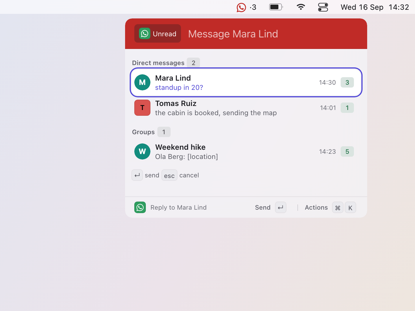 WhatsApp: r turns the search row into a message field (send on); Enter sends it