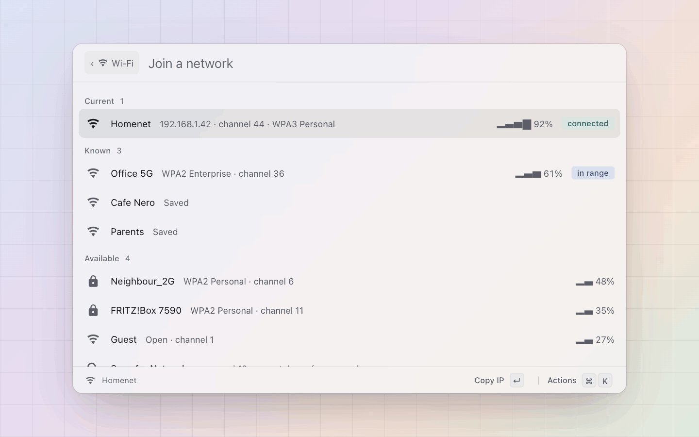 Wi-Fi: The current network with its address and signal, the saved ones, what is in range