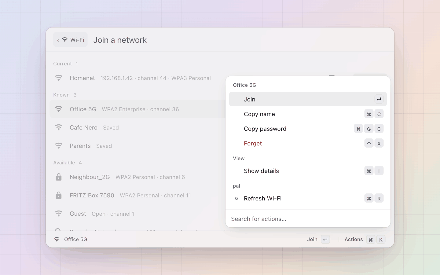Wi-Fi: A known network: join, copy its password, forget it