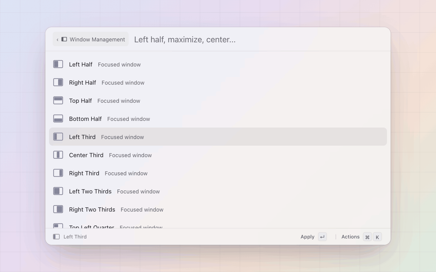 Window Management: One row per layout; Enter applies it to the focused window