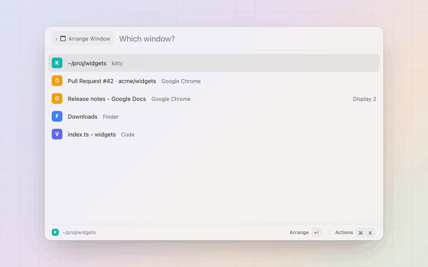 Window Management: The layouts again, with the picked window as the subtitle