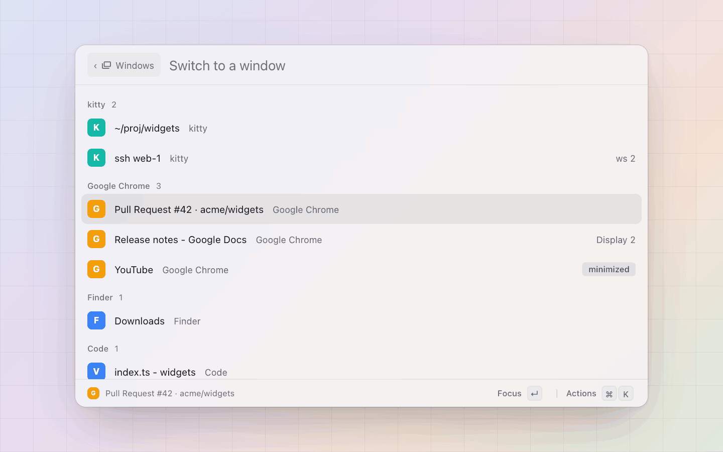 Windows: Open windows in a section per app; a minimised one is tagged
