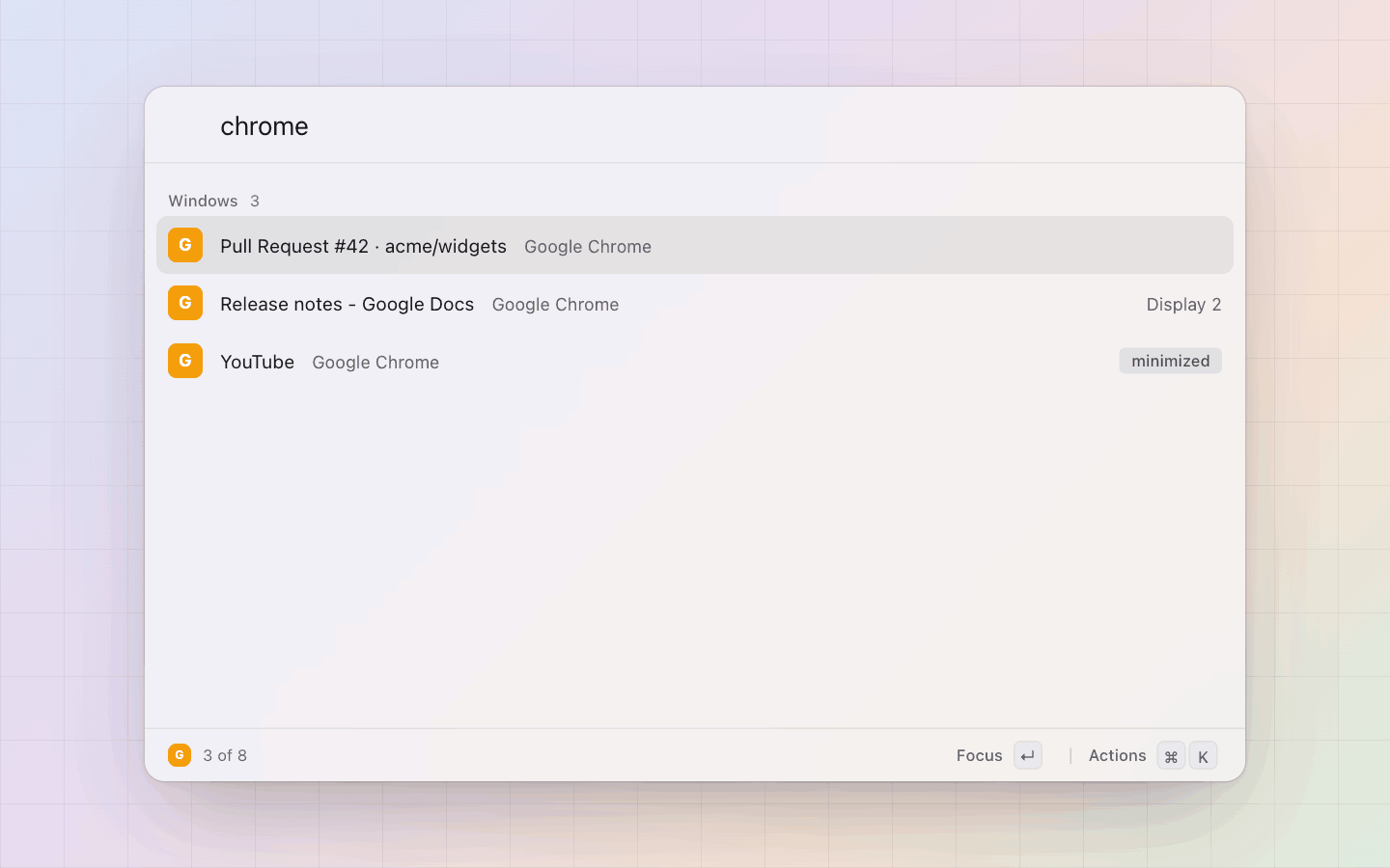 Windows: Window titles and app names are root results: chrome finds its three windows