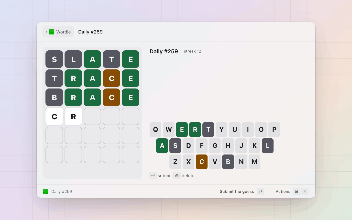 Wordle: The daily, three guesses in and two letters typed: the keyboard shows what the guesses found