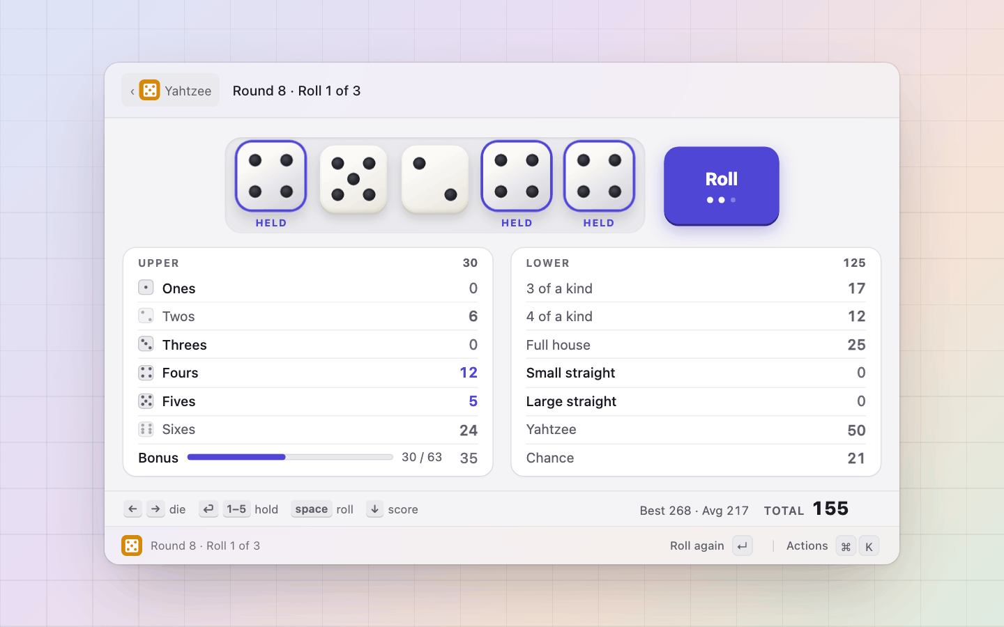 Yahtzee: Mid-round: three fours kept, each open box showing what it would score