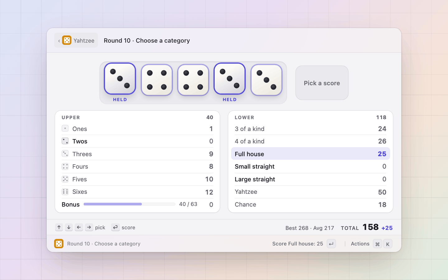 Yahtzee: Out of throws: the cursor on the card, the dice it counts ringed, the total showing what it adds